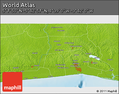 Physical 3D Map of the Area around 5° 25' 24" N, 4° 10' 30" W