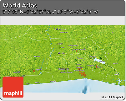 Physical 3D Map of the Area around 5° 25' 24" N, 4° 10' 30" W