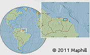Savanna Style Location Map of the area around 5° 25' 24" N, 53° 28' 30" W, hill shading
