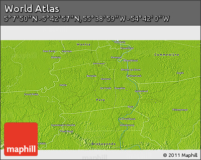 Physical 3D Map of the Area around 5° 25' 24" N, 55° 10' 29" W