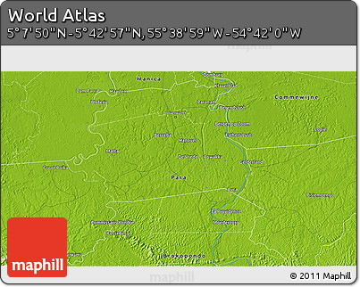 Physical 3D Map of the Area around 5° 25' 24" N, 55° 10' 29" W