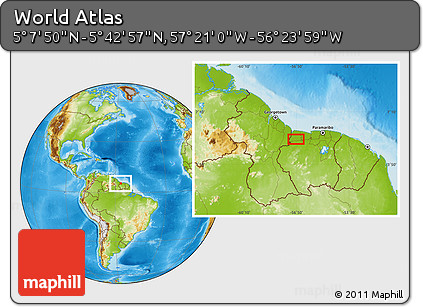 Physical Location Map of the Area around 5° 25' 24" N, 56° 52' 30" W
