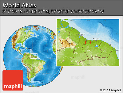 Physical Location Map of the Area around 5° 25' 24" N, 56° 52' 30" W
