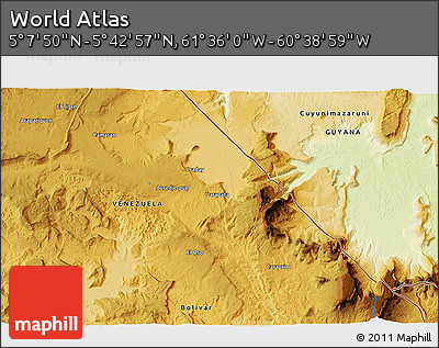 Physical 3D Map of the Area around 5° 25' 24" N, 61° 7' 30" W