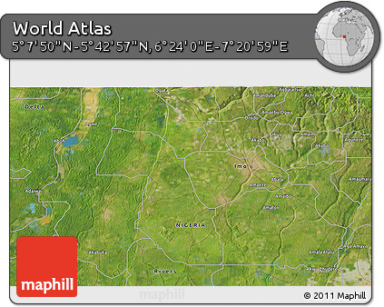 Satellite 3D Map of the Area around 5° 25' 24" N, 6° 52' 30" E