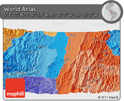 Political 3D Map of the Area around 5° 25' 24" N, 74° 43' 29" W