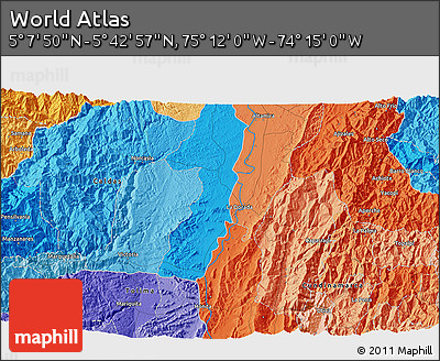 Political 3D Map of the Area around 5° 25' 24" N, 74° 43' 29" W