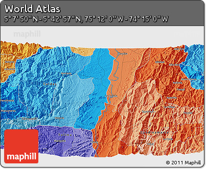 Political 3D Map of the Area around 5° 25' 24" N, 74° 43' 29" W