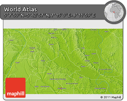 Physical 3D Map of the Area around 5° 25' 24" N, 7° 43' 29" E