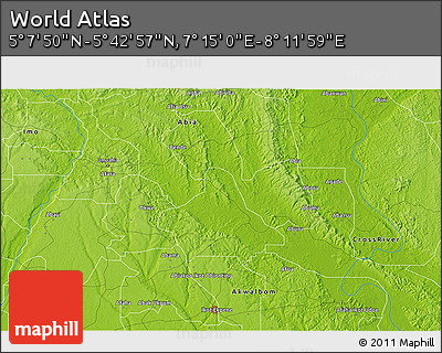 Physical 3D Map of the Area around 5° 25' 24" N, 7° 43' 29" E