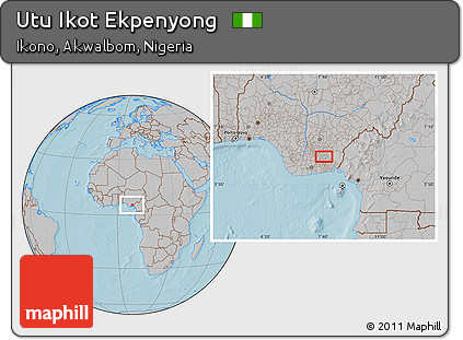 Gray Location Map of Utu Ikot Ekpenyong, hill shading