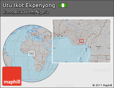 Gray Location Map of Utu Ikot Ekpenyong, hill shading