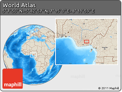 Shaded Relief Location Map of the Area around 5° 25' 24" N, 7° 43' 29" E