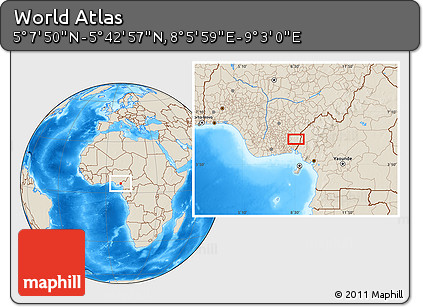 Shaded Relief Location Map of the Area around 5° 25' 24" N, 8° 34' 29" E