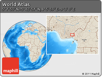 Shaded Relief Location Map of the Area around 5° 25' 24" N, 8° 34' 29" E