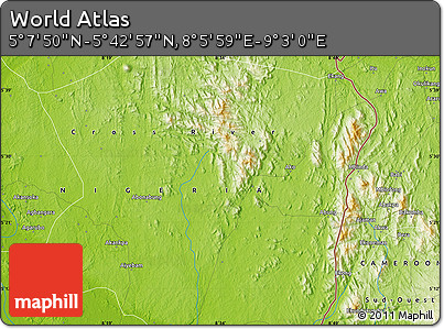 Physical Map of the Area around 5° 25' 24" N, 8° 34' 29" E