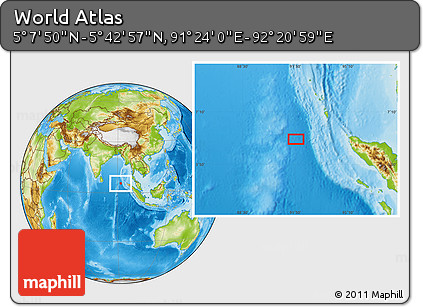 Physical Location Map of the Area around 5° 25' 24" N, 91° 52' 30" E