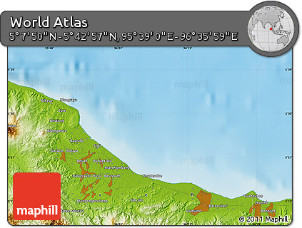 Physical Map of the Area around 5° 25' 24" N, 96° 7' 30" E