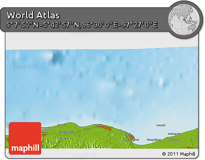 Physical 3D Map of the Area around 5° 25' 24" N, 96° 58' 29" E