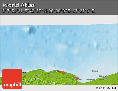 Physical 3D Map of the Area around 5° 25' 24" N, 96° 58' 29" E