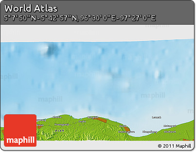 Physical 3D Map of the Area around 5° 25' 24" N, 96° 58' 29" E
