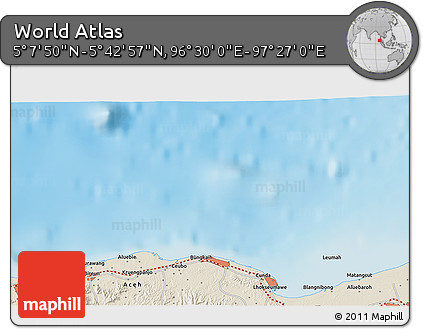 Shaded Relief 3D Map of the Area around 5° 25' 24" N, 96° 58' 29" E