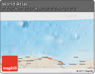 Shaded Relief 3D Map of the Area around 5° 25' 24" N, 96° 58' 29" E