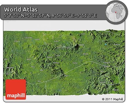Satellite 3D Map of the Area around 5° 25' 24" N, 9° 25' 30" E