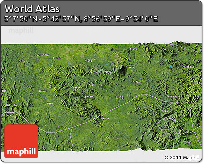 Satellite 3D Map of the Area around 5° 25' 24" N, 9° 25' 30" E
