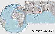 Gray Location Map of the area around 5° 56' 49" N, 0° 4' 30" E, hill shading