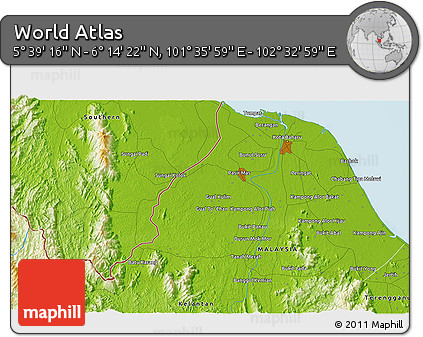 Physical 3D Map of the Area around 5° 56' 49" N, 102° 4' 29" E