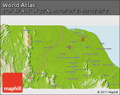 Physical 3D Map of the Area around 5° 56' 49" N, 102° 4' 29" E