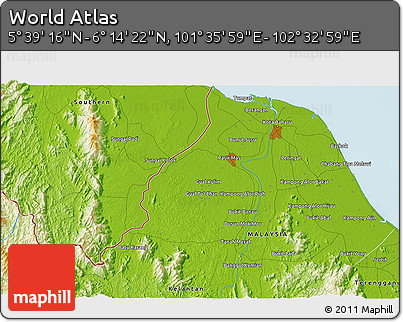 Physical 3D Map of the Area around 5° 56' 49" N, 102° 4' 29" E