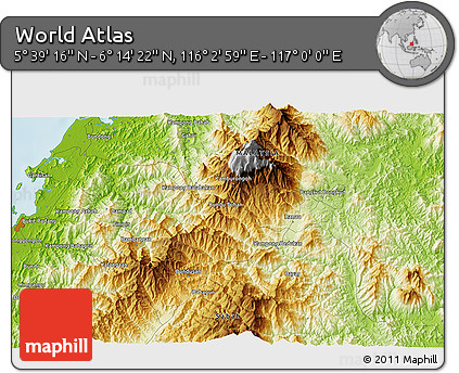 Physical 3D Map of the Area around 5° 56' 49" N, 116° 31' 30" E
