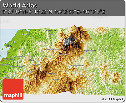 Physical 3D Map of the Area around 5° 56' 49" N, 116° 31' 30" E