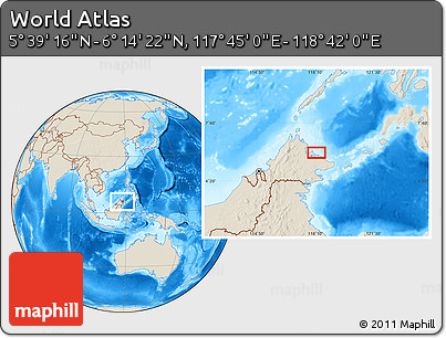 Shaded Relief Location Map of the Area around 5° 56' 49" N, 118° 13' 29" E