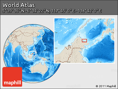 Shaded Relief Location Map of the Area around 5° 56' 49" N, 118° 13' 29" E