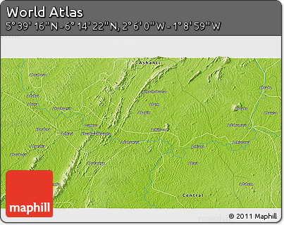 Physical 3D Map of the Area around 5° 56' 49" N, 1° 37' 30" W