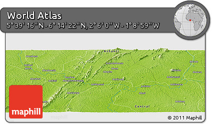 Physical Panoramic Map of the Area around 5°&nbsp;56'&nbsp;49"&nbsp;N,&nbsp;1°&nbsp;37'&nbsp;30"&nbsp;W