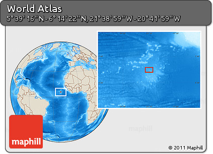 Shaded Relief Location Map of the Area around 5° 56' 49" N, 21° 10' 29" W