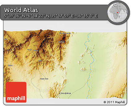 Physical 3D Map of the Area around 5° 56' 49" N, 35° 46' 29" E