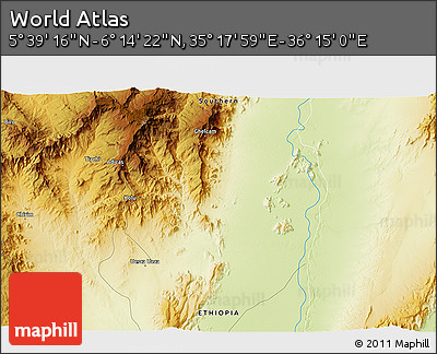 Physical 3D Map of the Area around 5° 56' 49" N, 35° 46' 29" E