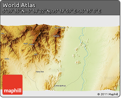 Physical 3D Map of the Area around 5° 56' 49" N, 35° 46' 29" E