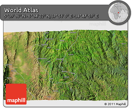 Satellite 3D Map of the Area around 5° 56' 49" N, 38° 19' 30" E