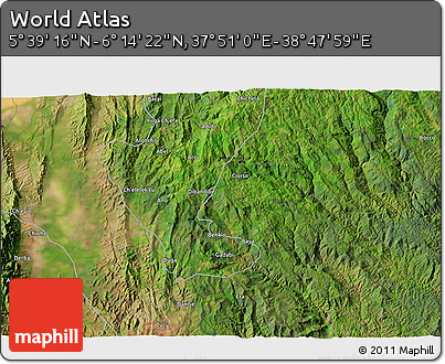Satellite 3D Map of the Area around 5° 56' 49" N, 38° 19' 30" E
