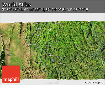 Satellite 3D Map of the Area around 5° 56' 49" N, 38° 19' 30" E