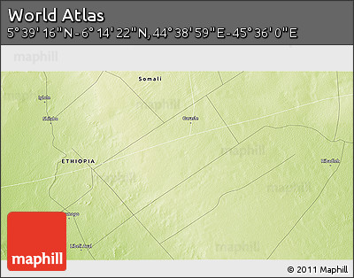 Physical 3D Map of the Area around 5° 56' 49" N, 45° 7' 30" E