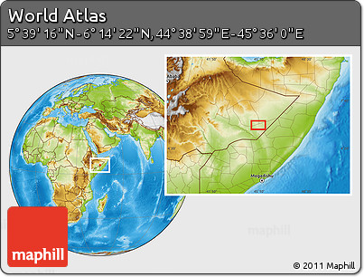 Physical Location Map of the Area around 5° 56' 49" N, 45° 7' 30" E