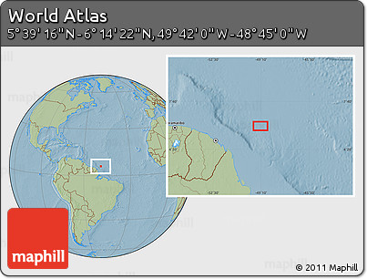 Savanna Style Location Map of the Area around 5° 56' 49" N, 49° 13' 30" W, hill shading