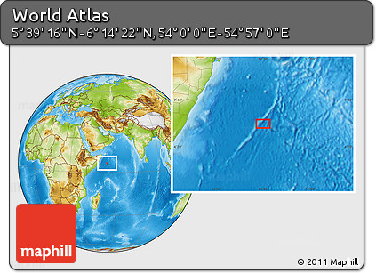 Physical Location Map of the Area around 5° 56' 49" N, 54° 28' 30" E